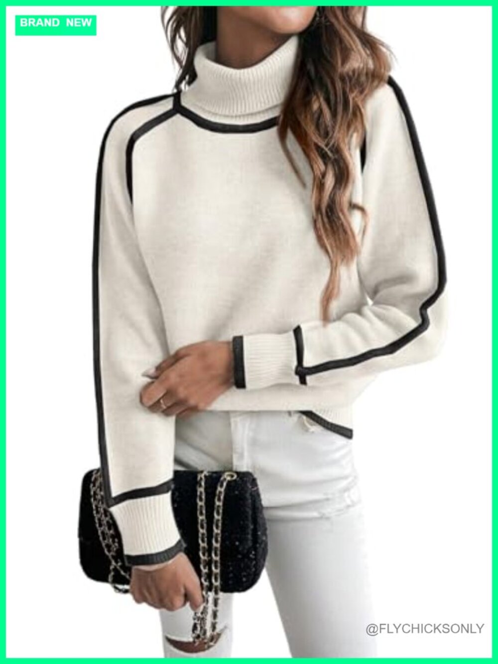 Women's Turtleneck Sweater Long Sleeve Color Block Pullover Loose Fit Fall